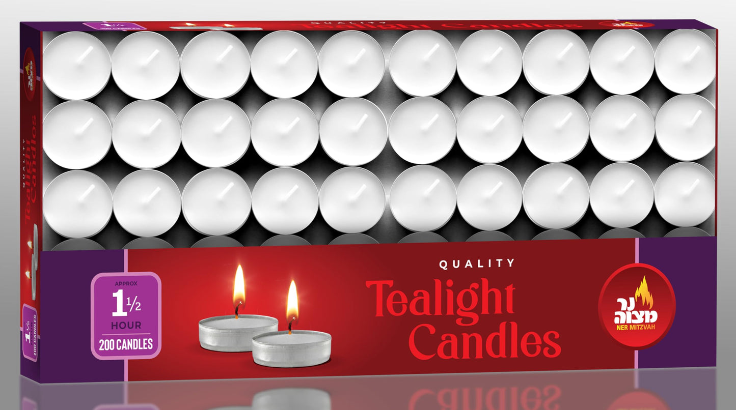 Ner Mitzvah Tealight Candles, Tea Lights Candles, White Tealights Unscented, 1.5 Hour Burn Time (Pack of 200),Bulk