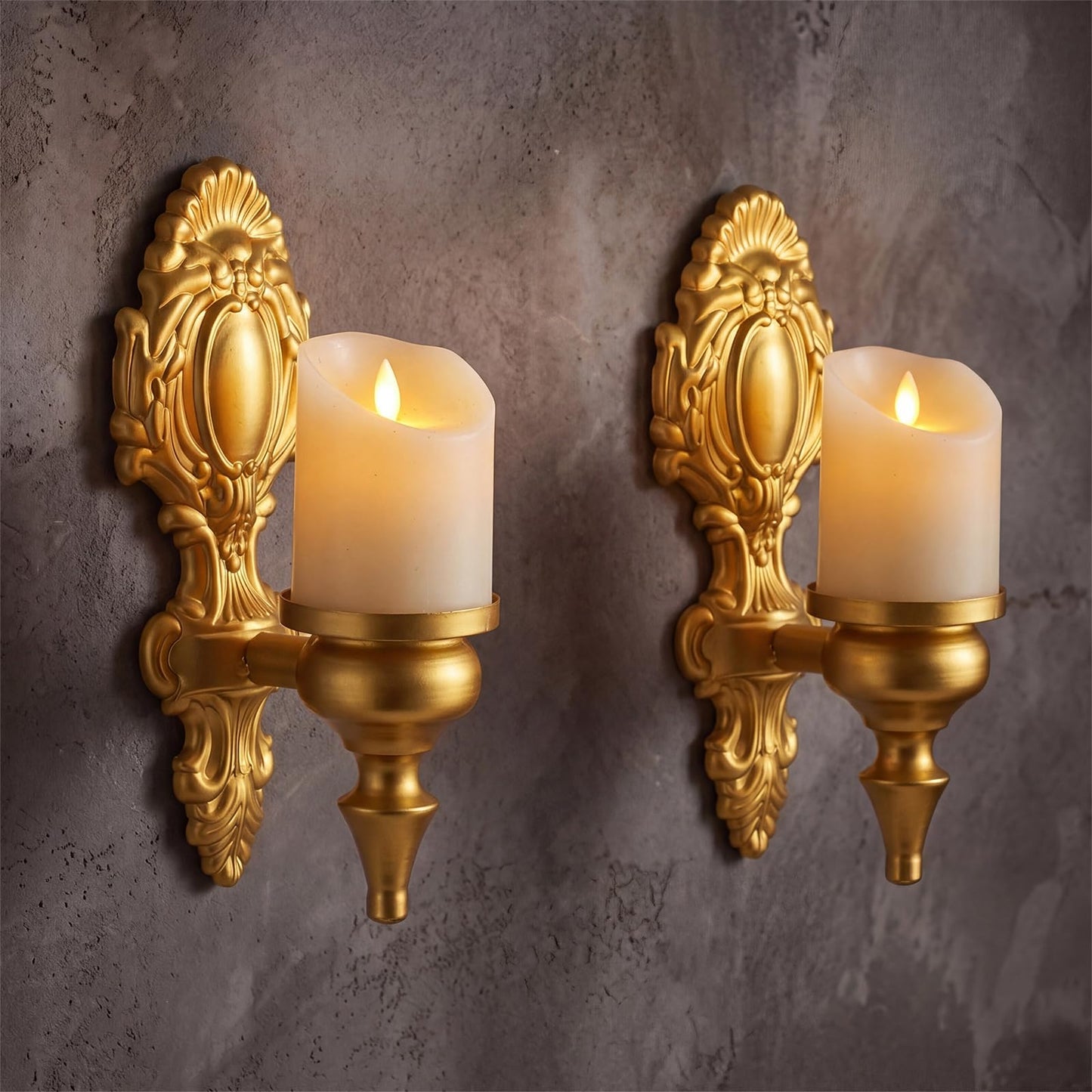 Ferrochef 2 Pack Gold Candle Sconces for Tapered Candlestick Gold Candle Wall Sconce Holder Iron Candelabra Rustic Home Decor Metal Gothic Wall Decorations Brass Baroque Decor for Living Room Hallway