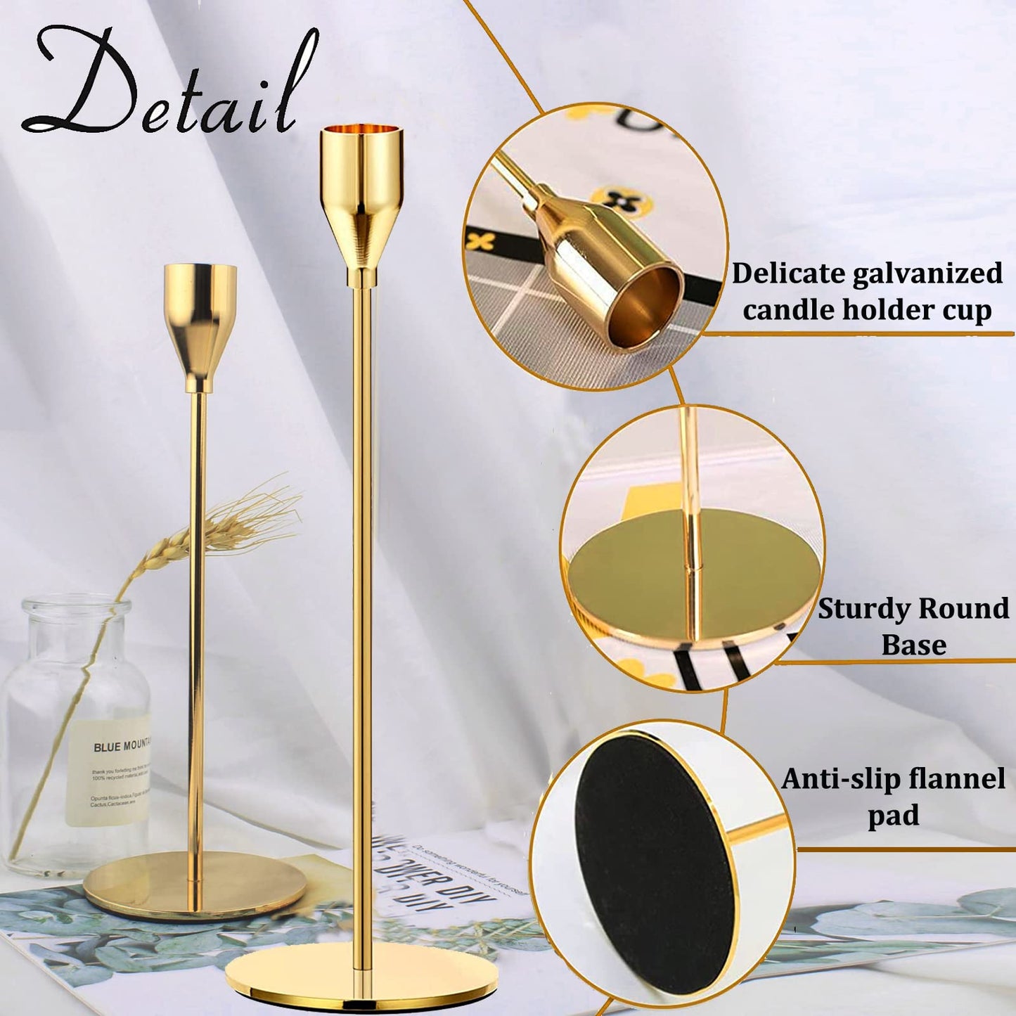 Gold Taper Candle Holders, Set of 6 Gold Candlestick Holders Taper Candle Holders fits 3/4" Thick Pillar Candle Led Modern Metal Candles, Elegant Stands Decorative Table Candle Holder