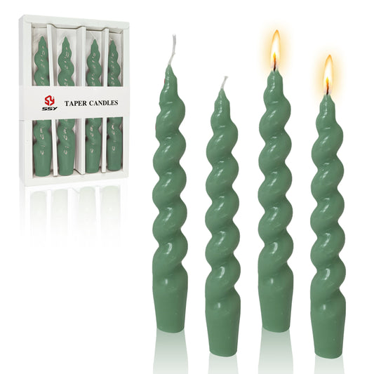 7.5 Inches Spiral Taper Candles Colorful Twisted Candle Dripless Long Candles, Handmade Candlesticks for Wedding Dinner Decor, Set of 4(Sage Green)