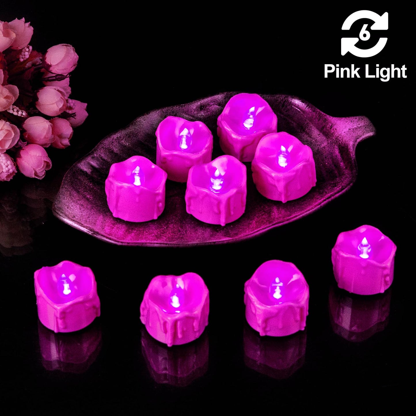 Windshell Pink Flickering Flame Tealight Candles with Auto 6H Timer (No Remote), Battery Operated LED Flameless Tea Lights with Melting Design, for Valentine‘s Day Wedding Party, 12 Pack