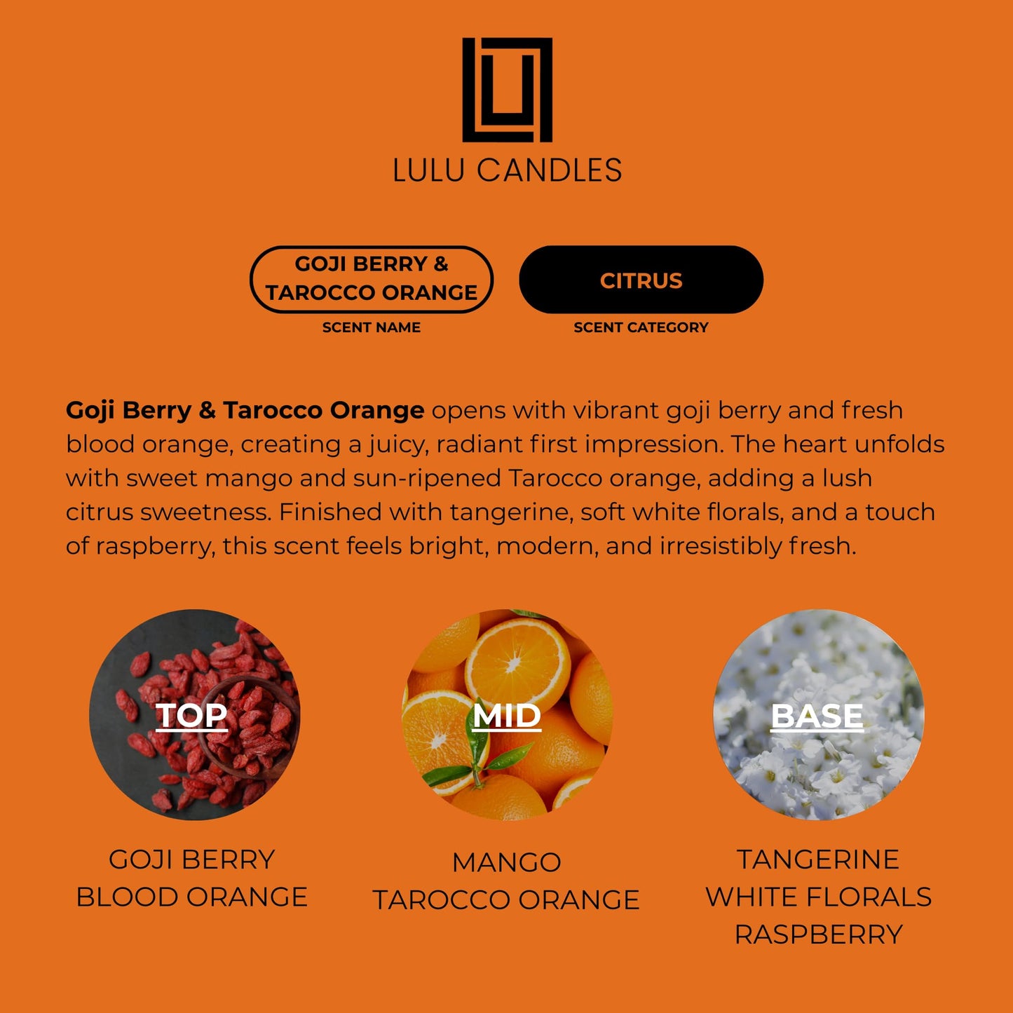 Lulu Candles | Goji Berry & Orange | Bright Citrus & Sweet Berry Scent | Luxury Scented Soy Candle | Strong Scent Throw | Long Lasting | 9 Oz