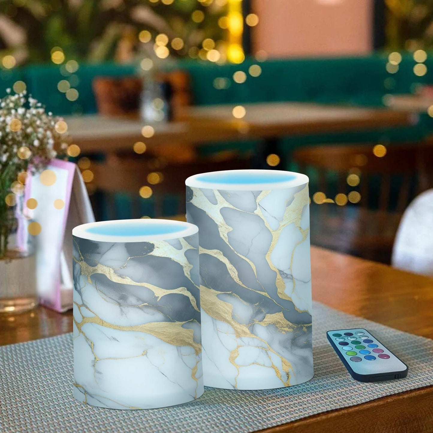 ALAZA White Grey Gold Marble Textures Flameless Candles, LED Pillar Candles with Remote Timer, Battery Operated Candles Set of 2