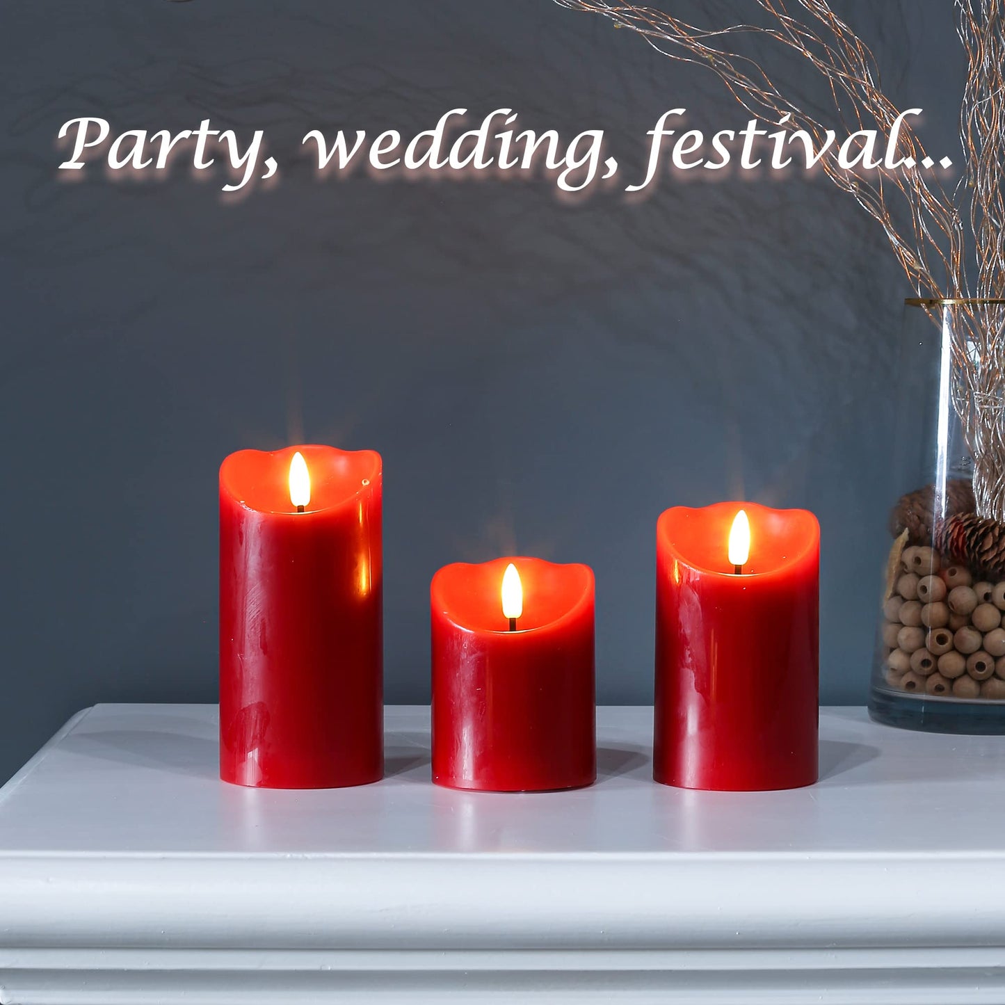 LUSHARBOR Flameless Candles with Remote, Battery Operated Christmas Candles with Timer Real Wax LED Flickering Fake Electric Candles for Christmas Party Home Decor, Set of 3 (Red)