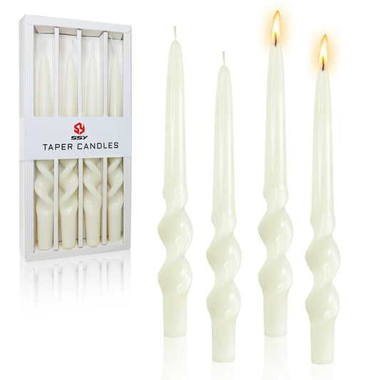 FCMSHAMD Handmade Spiral Taper Candles - Unscented Long Candles Colored Wax Twisted Candle - 10 Inch Candle Sticks for Wedding Dinner Party Decoration - Set of 4(Cream White)