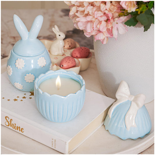 WDS WONDROUS 2-Pack Easter Bunny & Bow Ceramic Jar Candles, Egg Shaped Soy Wax Scented Candles with Daisy and Striped Design, Spring Home Decor Gift Set for Women, Blue Farmhouse Table Centerpiece