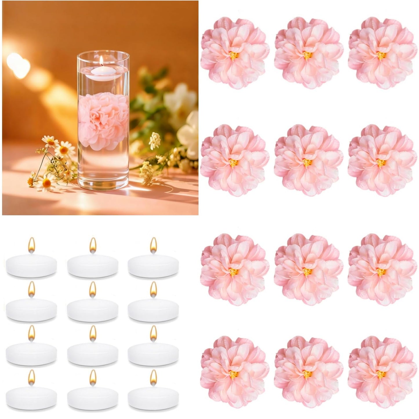 UDU 24 Pcs Floating Candles for Centerpieces and Floating Flowers for Centerpieces Artificial Flower Head for Home Birthday Wedding Party Table Decor Pink