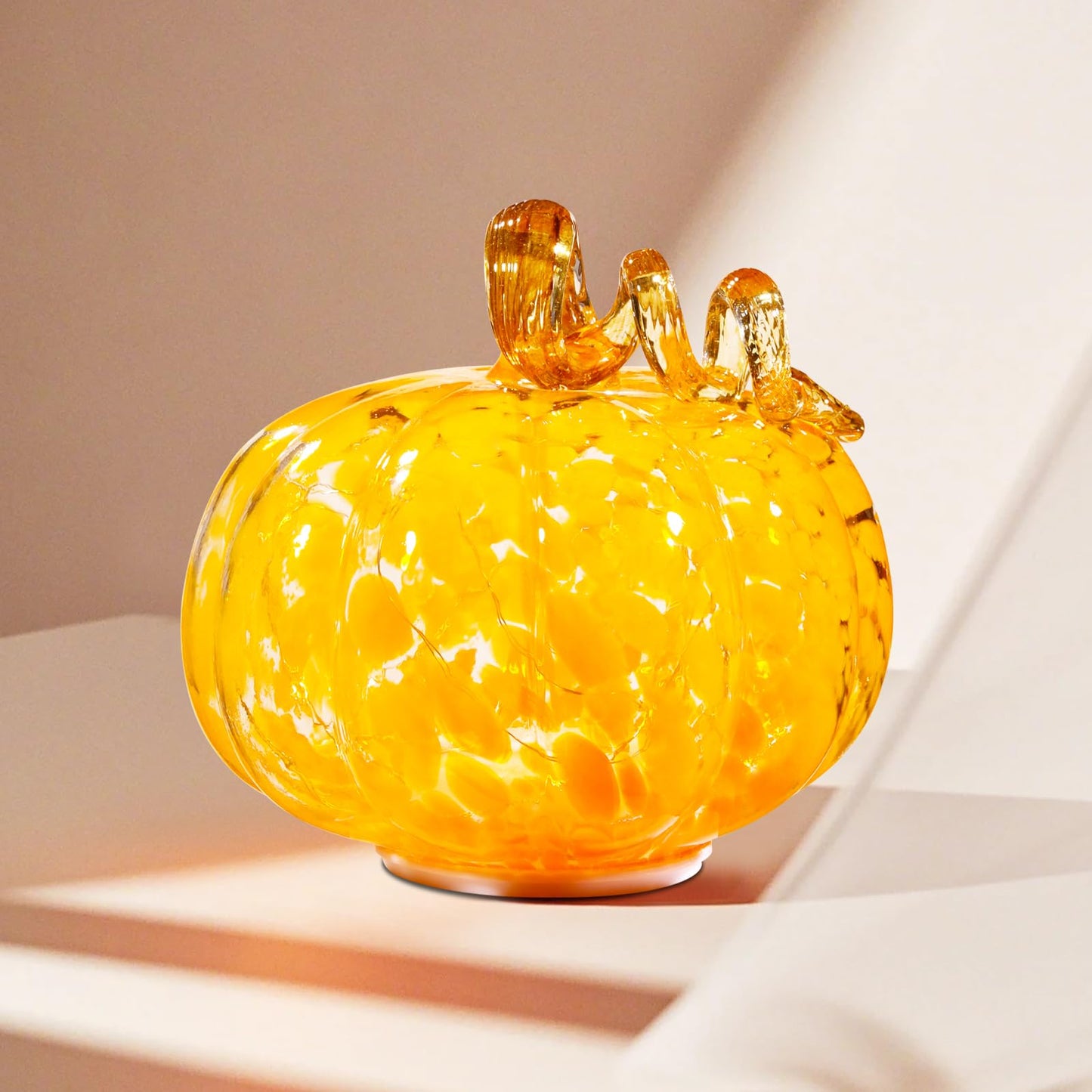 Naboher Handcrafted Glass Pumpkin with Warm LED Lights - Halloween & Thanksgiving Decor, Gift-Worthy Fall Home Decoration, 5.9-Inch Light-Up Tabletop Centerpiece (Vine Orange)