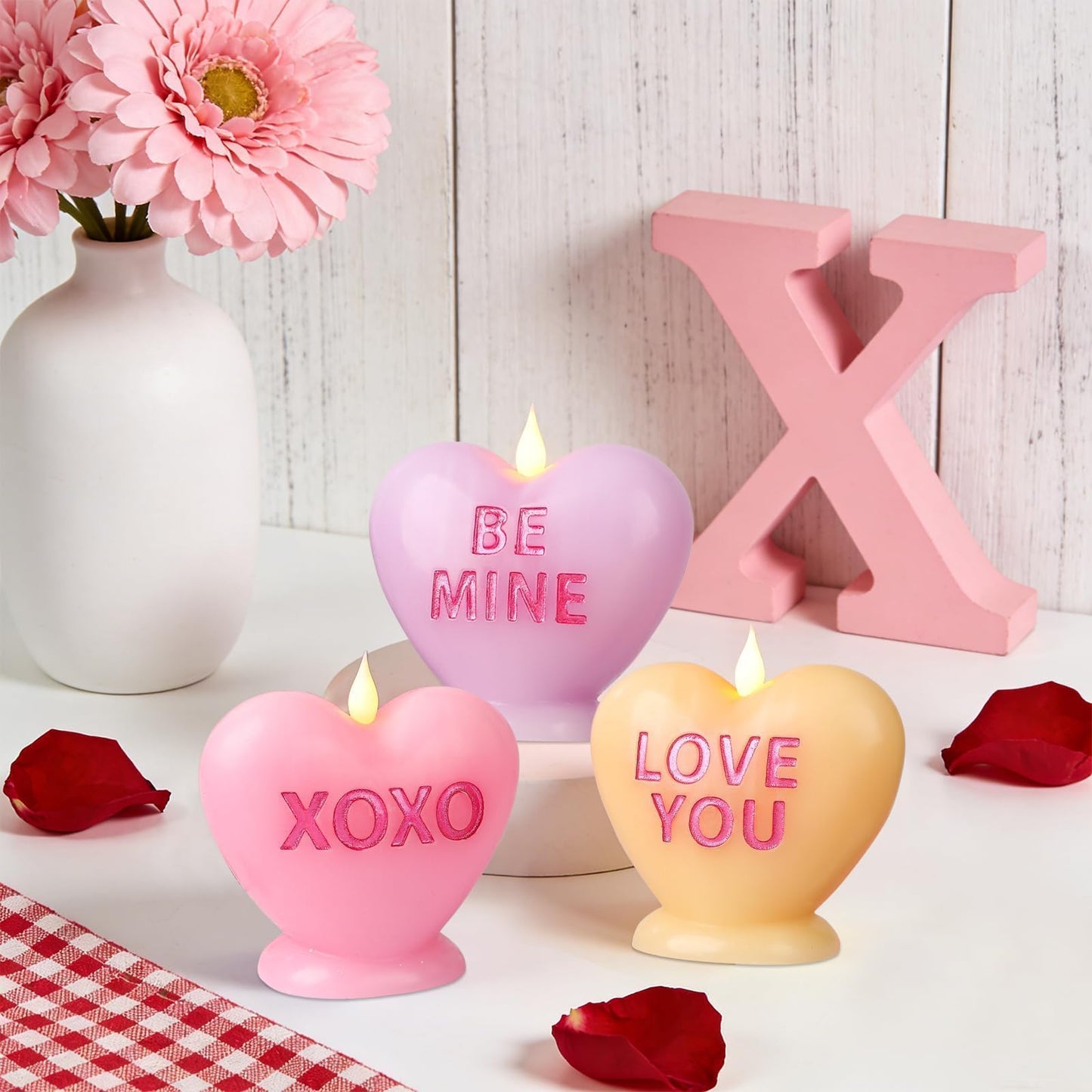 LCZLUMIPRO 3 Pack Valentine's Day Candles Heart Candle Flameless Candles Flickering Battery Operated LED Heart Shaped Candles with Realistic Warm Flame Effect Romantic Decor for Wedding Anniversary