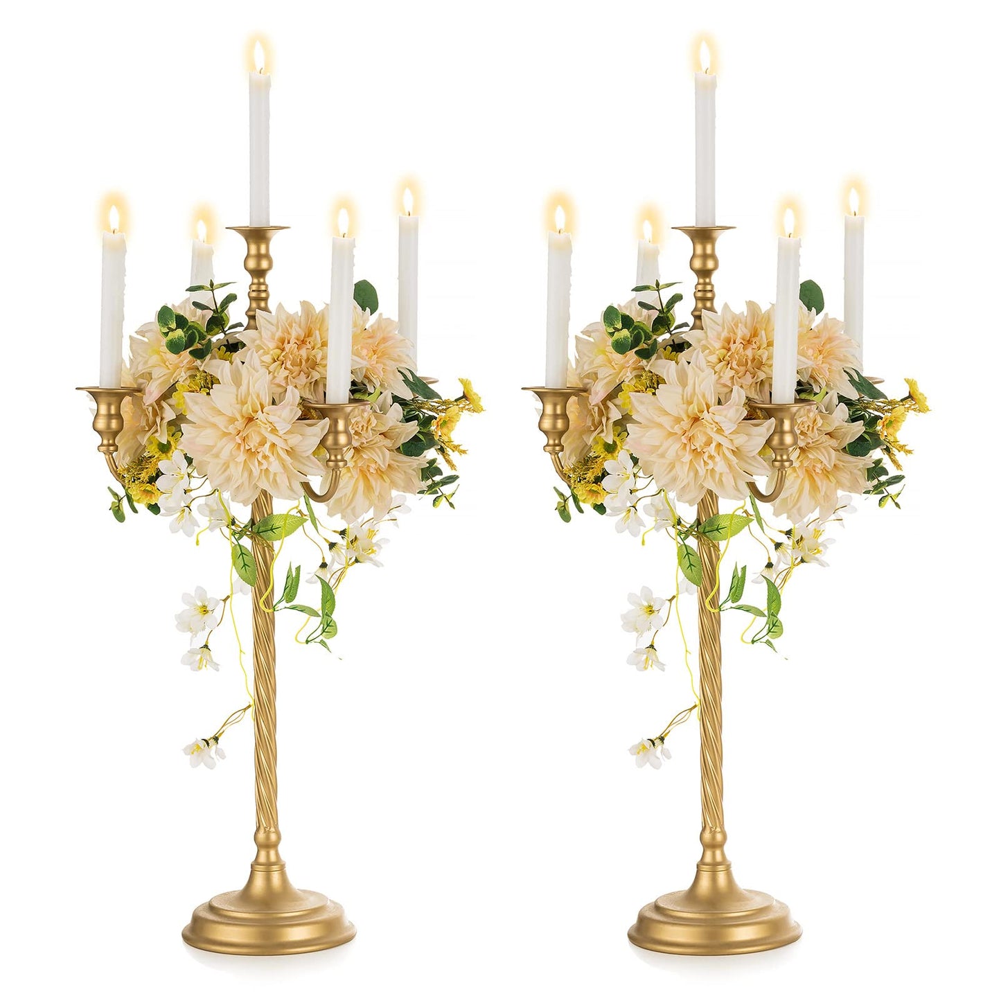 Nuptio Tall Candelabra Candle Holder 2 Pcs 28in Floor Candlestick Holders Taper Candle Holders Gold 5 Arm Candelabras Candle Stand Floral Centerpiece for Fireplace Wedding Birthday Reception Event