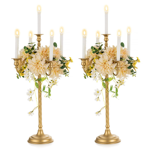Nuptio Tall Candelabra Candle Holder 2 Pcs 28in Floor Candlestick Holders Taper Candle Holders Gold 5 Arm Candelabras Candle Stand Floral Centerpiece for Fireplace Wedding Birthday Reception Event
