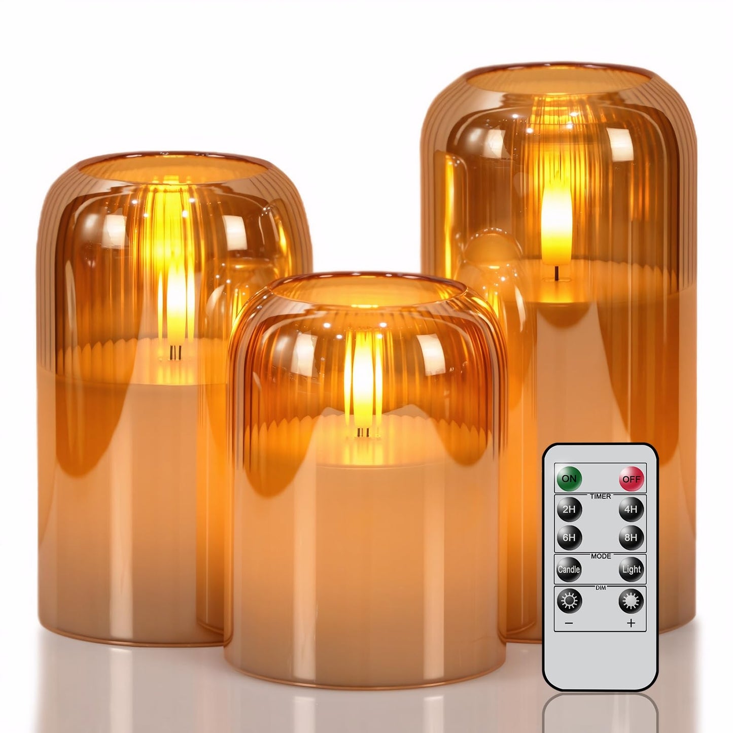 DRomance Glass Flameless Candles with Remote and Timer Battery Operated 3 Pack Real Wax Striped Gold LED Flickering Pillar Candles Dinner Wedding Halloween Christmas Holiday Decor(3" D x 4",5",6" H)