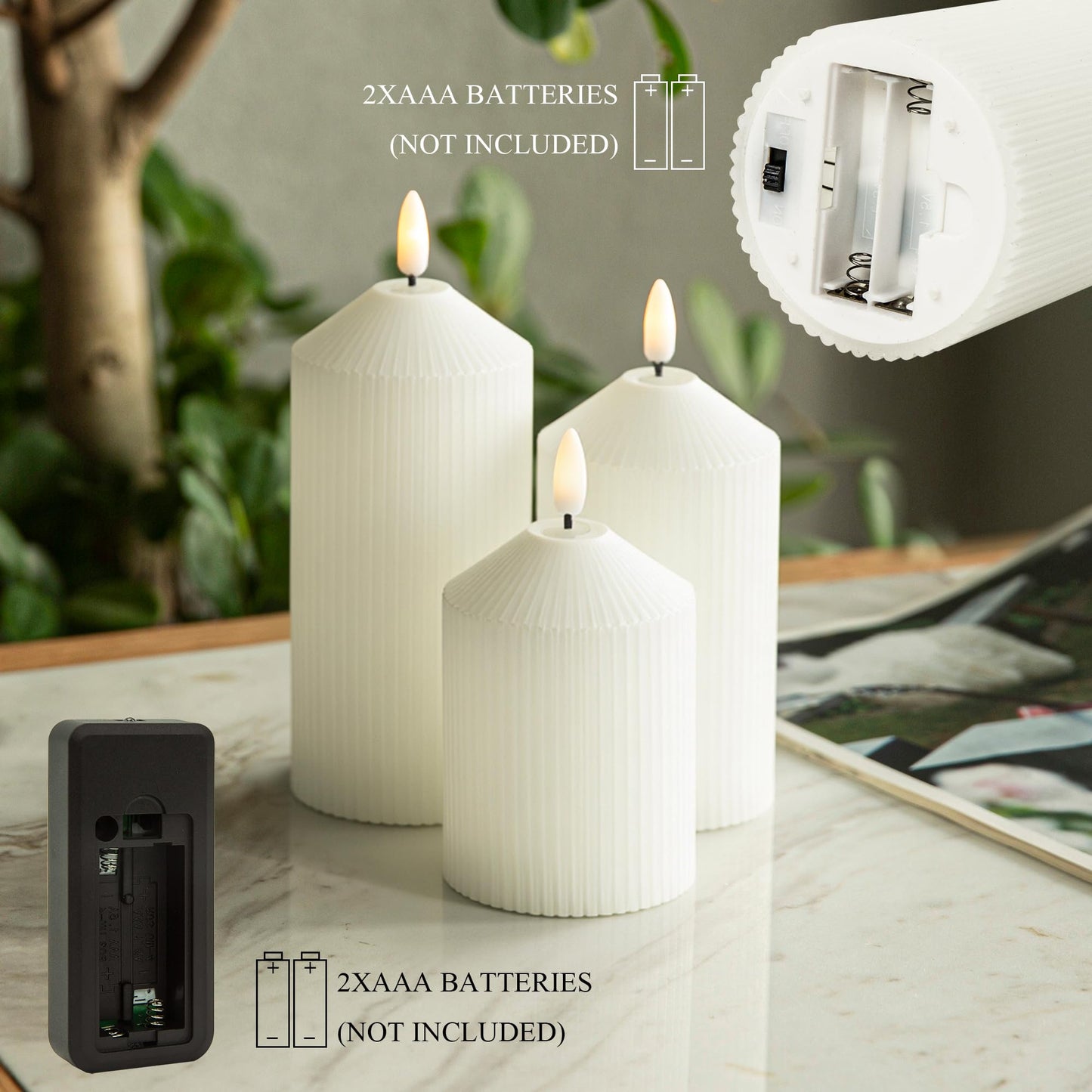 LUSHARBOR Flameless Candles with Remote, 3 Pack Battery Operated Candles Flickering Real Wax LED Fake Pillar Candles with Timer for Wedding Home Party, White