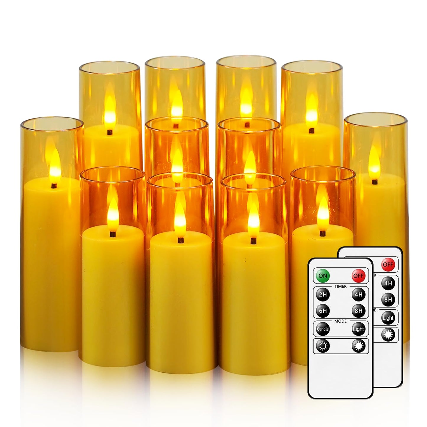Nimiko Small Flickering Flameless Candles - Battery Operated LED Fake Candles, Pack of 12 (D1.57 x H4 5" 6") for Holiday Decor, Home, Weddings (Gold)