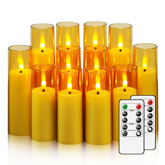 Nimiko Small Flickering Flameless Candles - Battery Operated LED Fake Candles, Pack of 12 (D1.57 x H4 5" 6") for Holiday Decor, Home, Weddings (Gold)