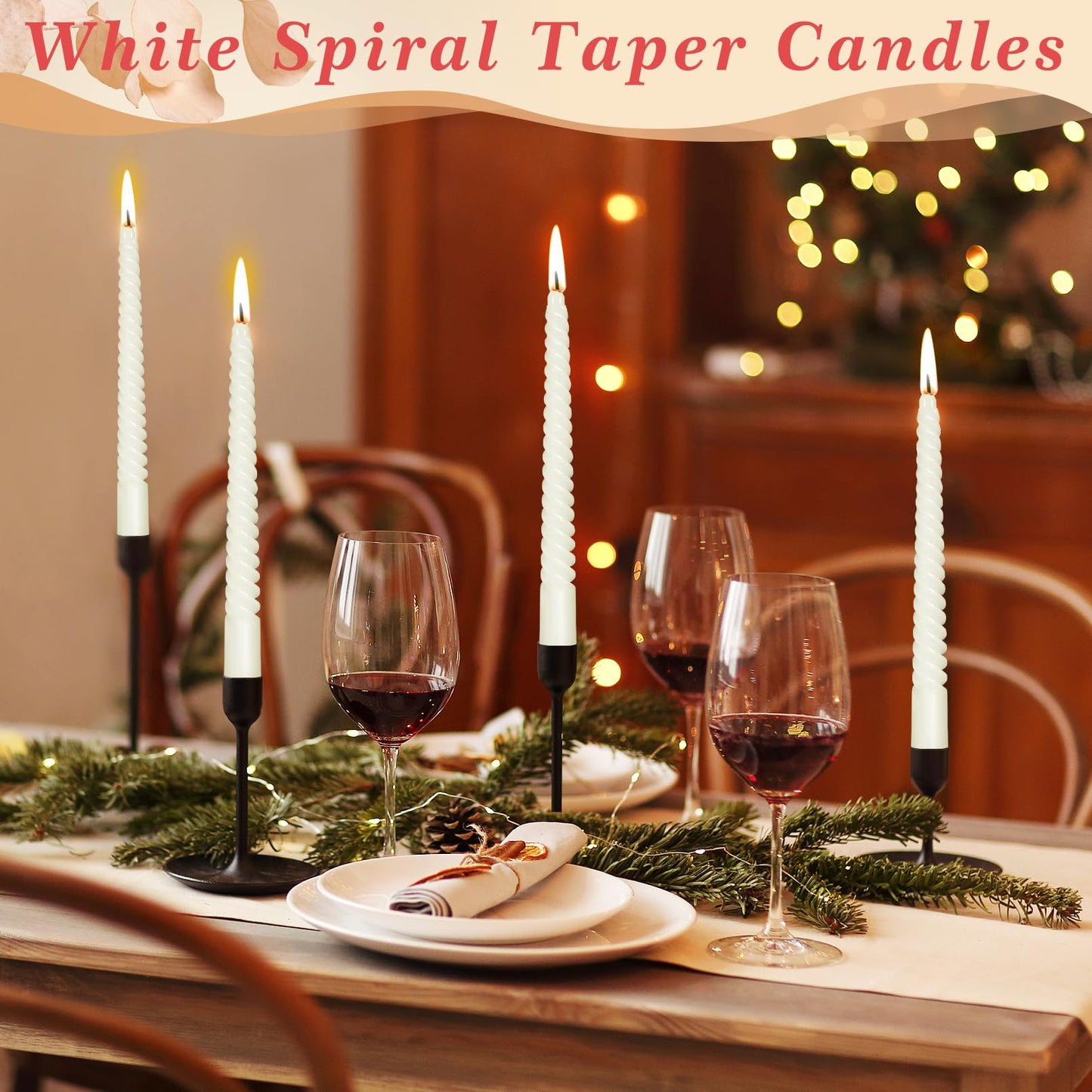 Cptoion 16 PCS Spiral Taper Candles,10 Inch Twisted Taper Candle,Unscented Twisted Candlesticks,Dinner Candles,Dripless Long Candle Sticks for Dinner Party Wedding (White)
