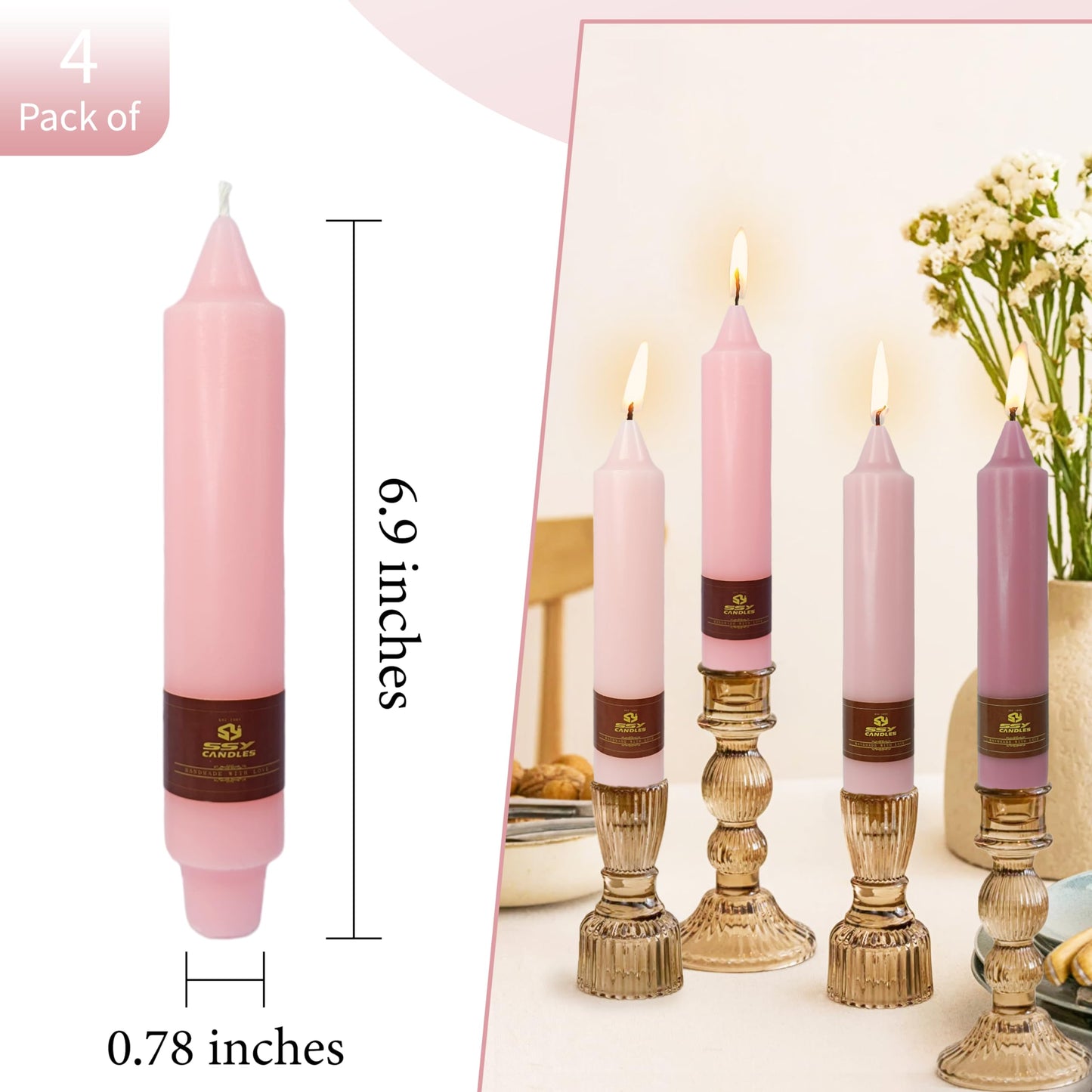7 Inch Gradient Pink Taper Candle Set of 4 Unscented Candles Sticks Smokeless Short Tapered Candles for Home Party Wedding Decoration Valentine's Day Anniversary & All Special Occasions