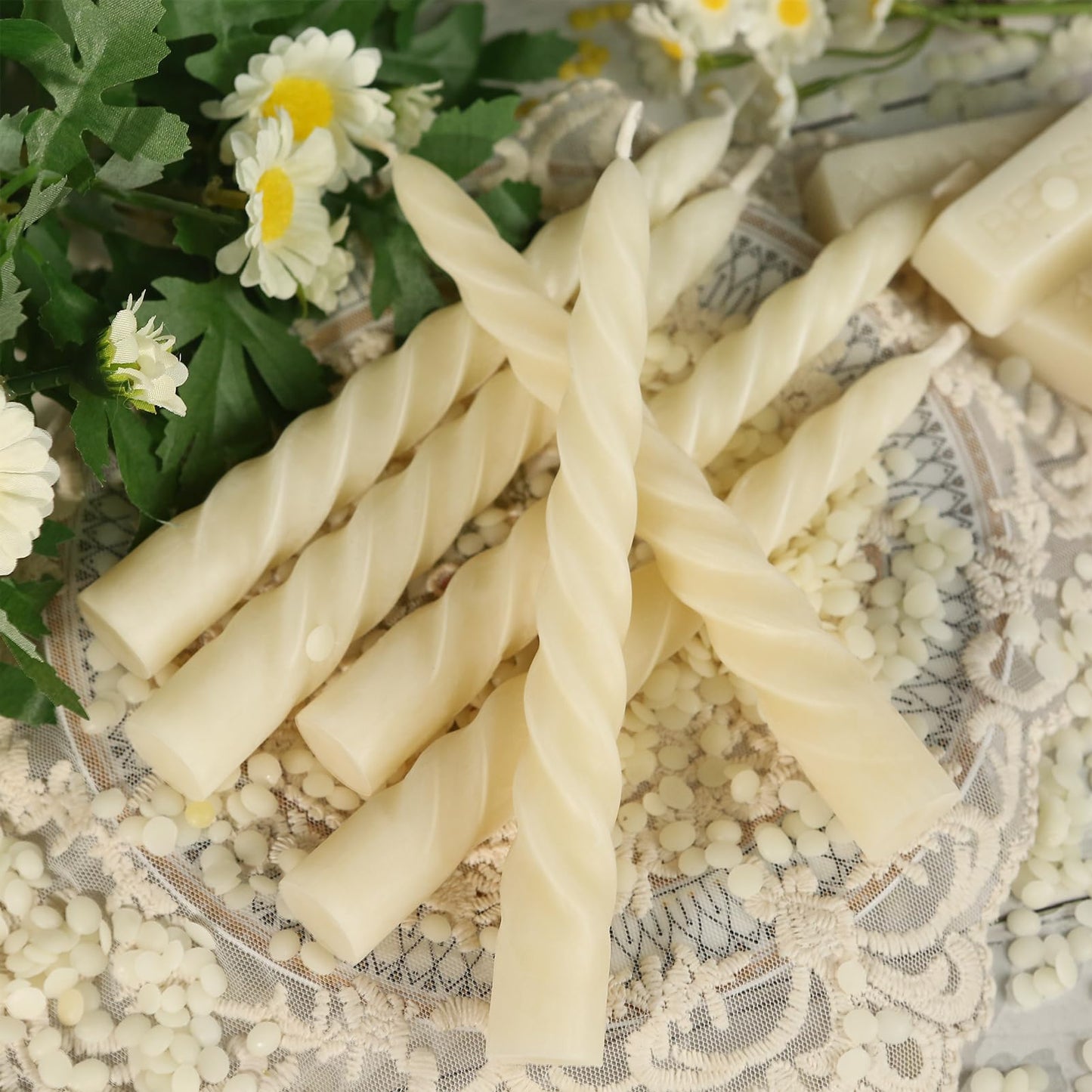 8 Pack Beeswax Taper Candles,7in Spiral Taper Candle Sticks,7 Hour White Beeswax Candlesticks,100% Natural Smokeless Dripless and Unscented Bees Wax Candle for Home,Prayer