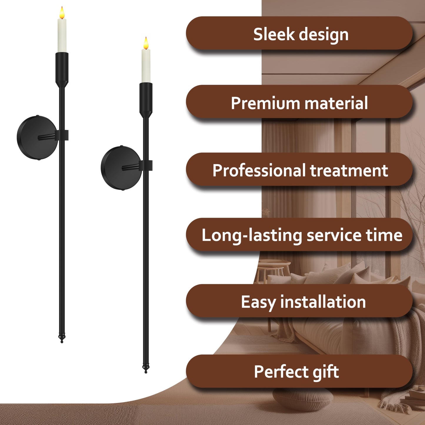 23-inch Large Wall Candle Sconces, Set of 2, Wall Mounted Candle Holder, Modern Chic Home Decor for Bedroom, Dining Room, Living Room (Black)