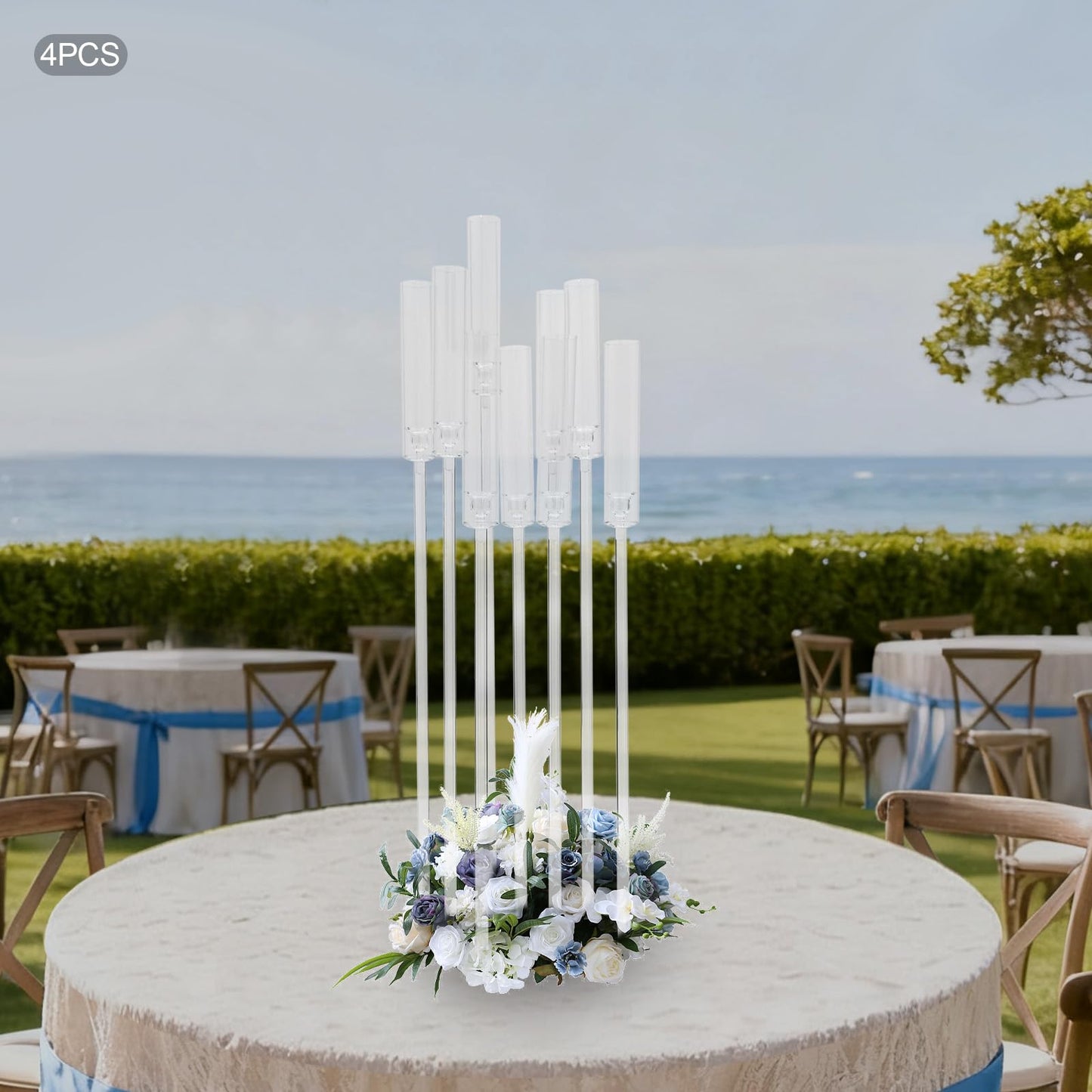 4 Set 9 Arm Acrylic Candelabra Candle Holder 42.52'' Clear Candelabra Centerpieces for Wedding, Candlesticks Holder with Lampshade Metel Mirror Base for Wedding Christmas Dinner Party Decor