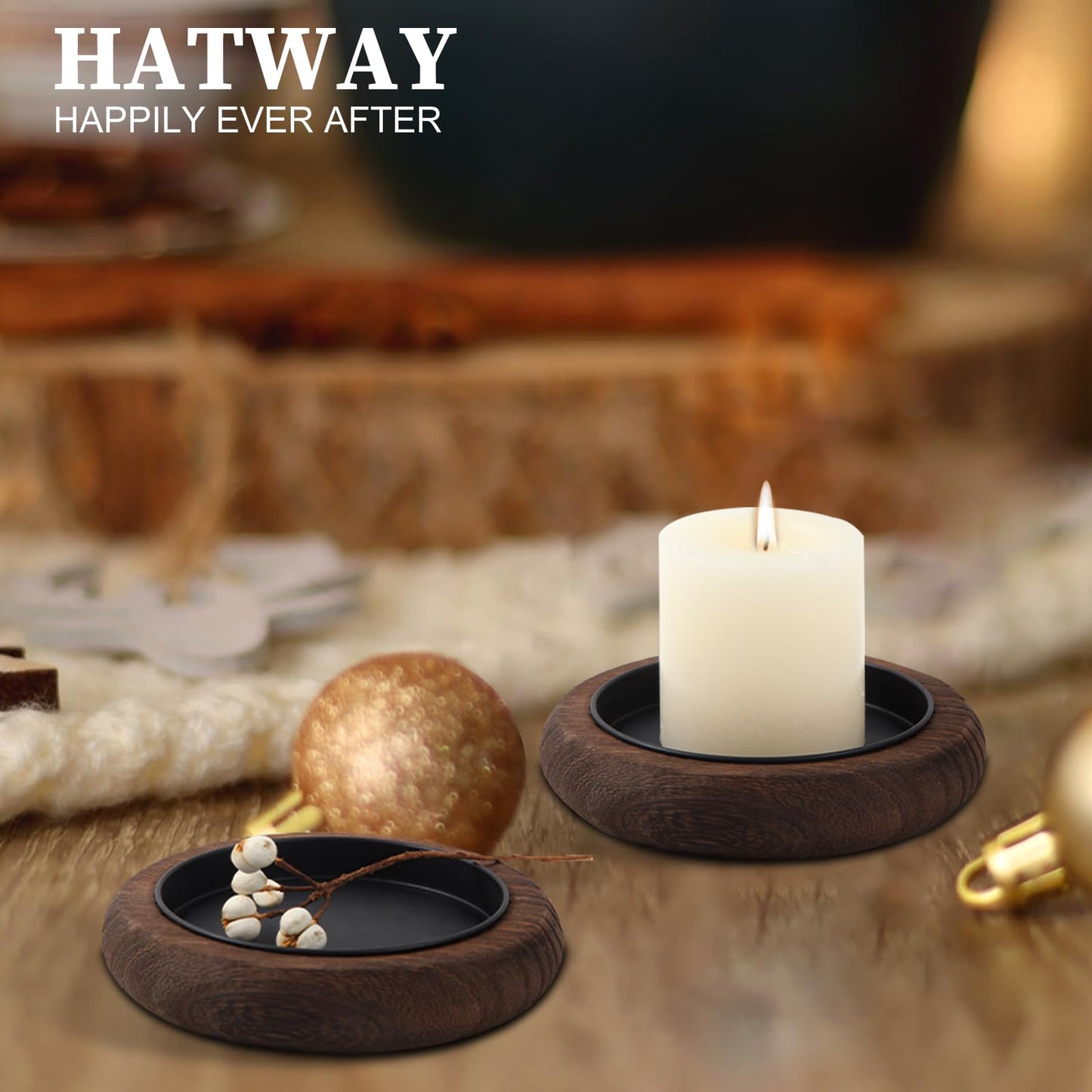Hatway Wood Candle Holder Farmhouse Decor Wooden Pillar Candles Tray for Table Centerpiece Small Decorative Tray Riser Round Wooden Plate Pedestal Stand for Coffee Table for Christmas Decor Mu-2