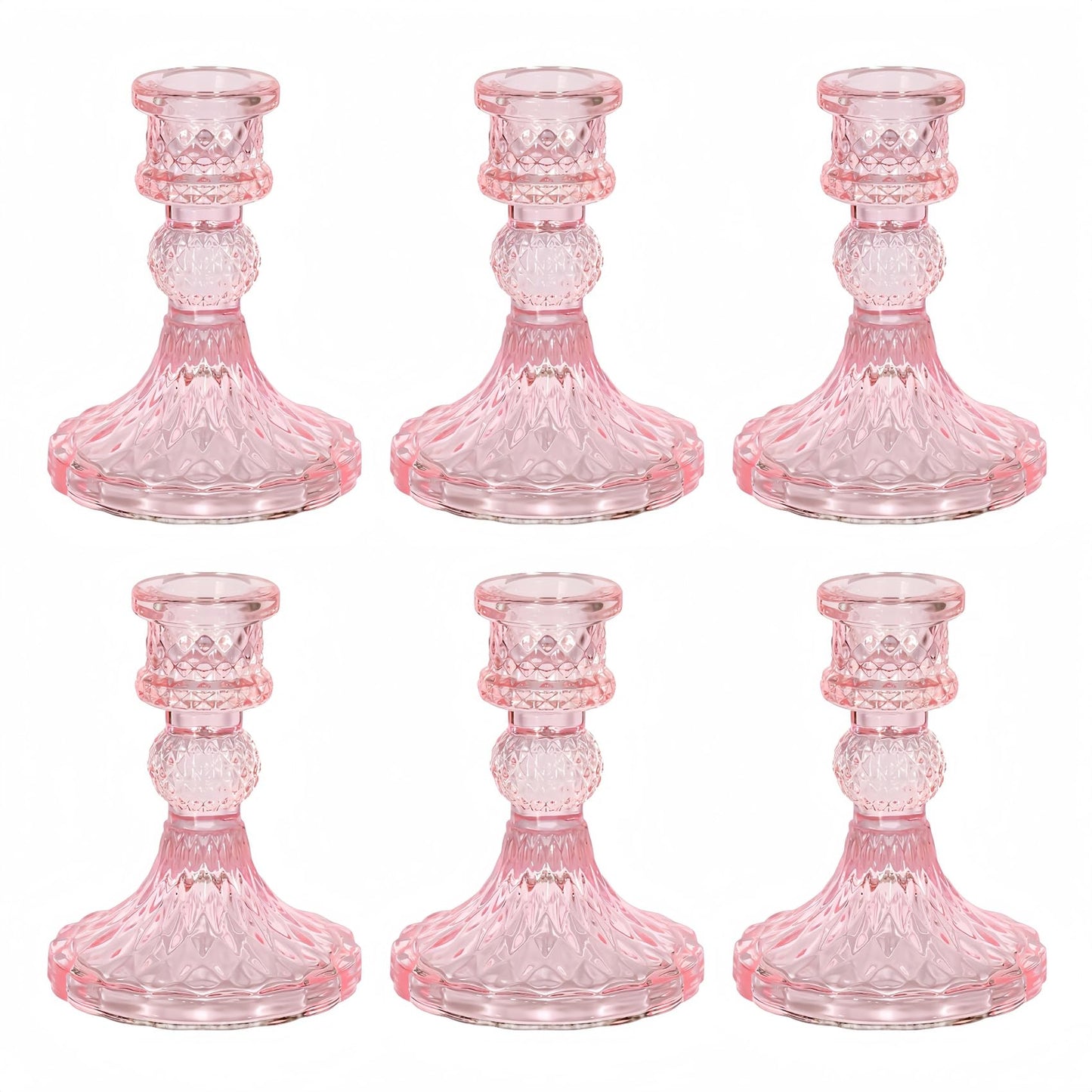 ECHFSM Glass Candlestick Holder,Striped Taper Candle Holders,Set of 6 Candle Stand for Table Centerpieces, Home Decor,Weddings,Festival and Parties (Pink Dimond)