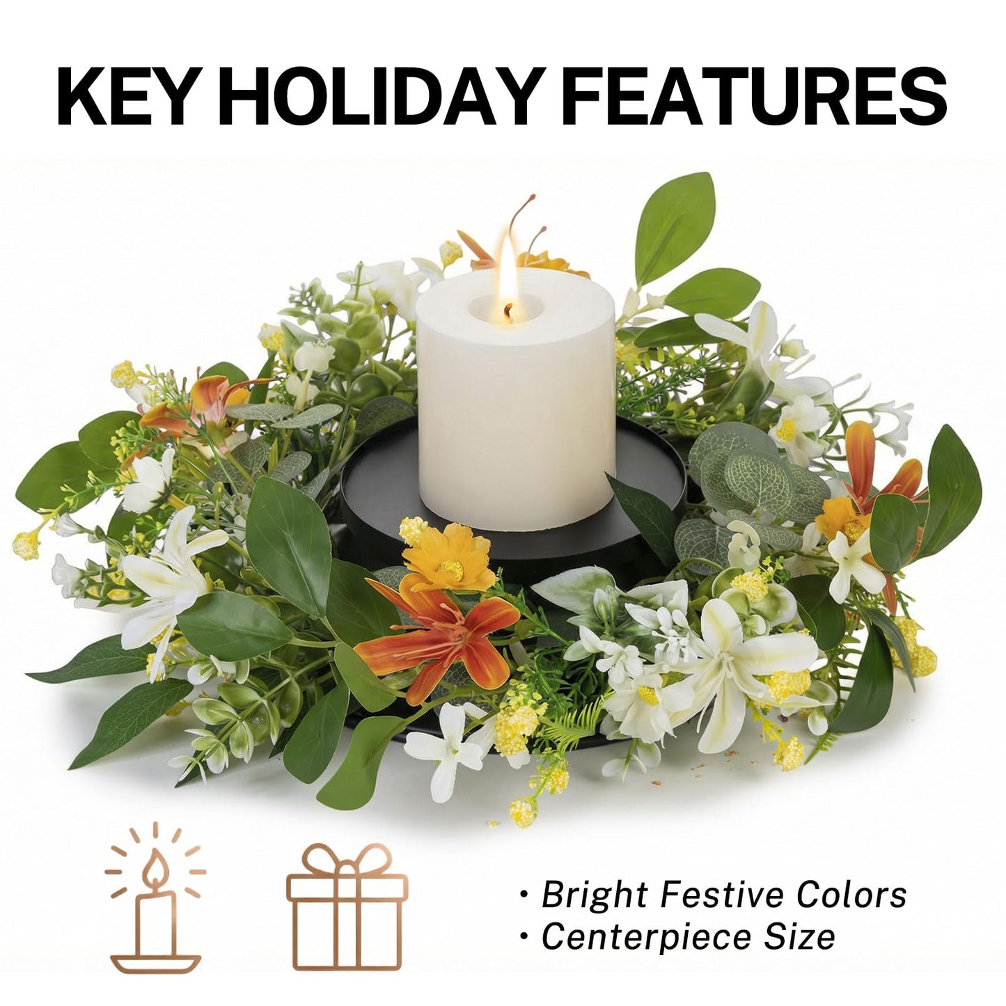 MOYEE Summer Candle Holder Centerpieces for Tables,Candle Ring, Black Metal Candlestick with an Artificial Wreath 14 in Versatile Dining Table Centrepiece (Red Flower Green Leaf Wreath)