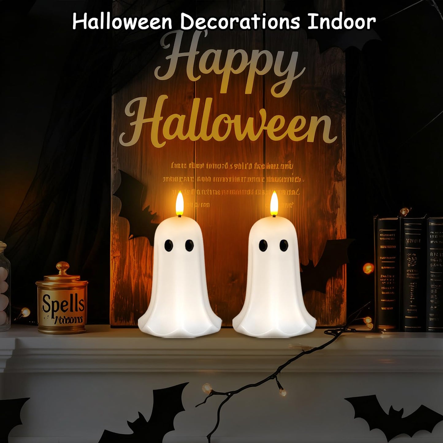 ilifemate Halloween Ghost Candle Lights 2 Pack with Remote, Battery Operated LED Flameless Candle Ghosts with Timer, Spooky Halloween Decorations for Indoor Outdoor Table, Mantel & Party Decor