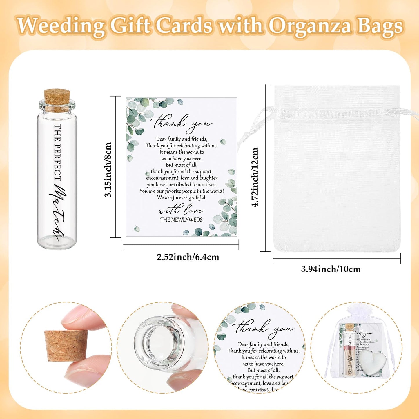Wovnet 100 Sets Wedding Party Favors for Guests Bulk Including Mini Heart Shaped Candles and Empty Matches Jars with Cork Top Thank You Cards and Organza Bags for Wedding Bridal Shower Party Souvenir