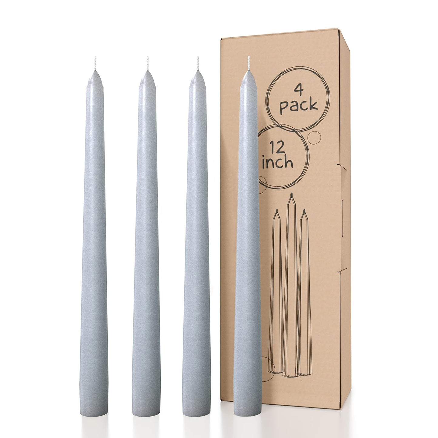 CANDWAX 12 inch Taper Candles Set of 4 - Dripless and Smokeless Candles Unscented - Slow Burning Candle Sticks - Light Gray Candle Taper