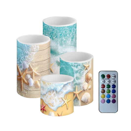 NETILGEN Beach Starfish Seashell Flickering Flameless Candles Battery Operated Color Changing LED Candles with Remote Timer Control Set of 4 for Coastal Party Decor