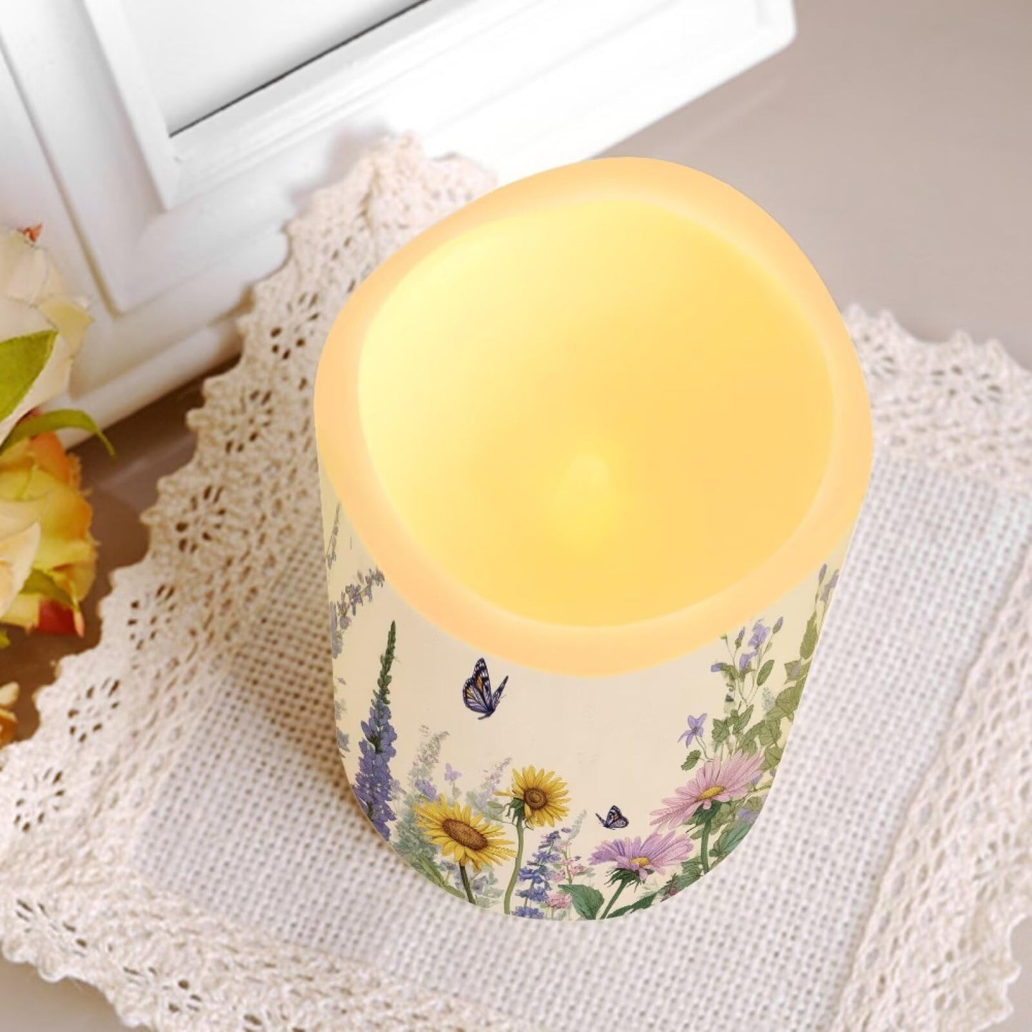 Cozeyat Daisy Field Garden Party Flameless Candles 4 Pack Battery Operated LED Pillar Candles with Remote Timer Flickering Waterproof for Indoor Outdoor Use