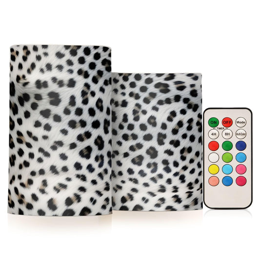 GUIJI White Leopard Print Flameless Candles, Flameless Candles with Remote Set of 2, Flameless Candles Battery Operated, Pillar Candles Home Decoration, Christmas, Party, E08D23009