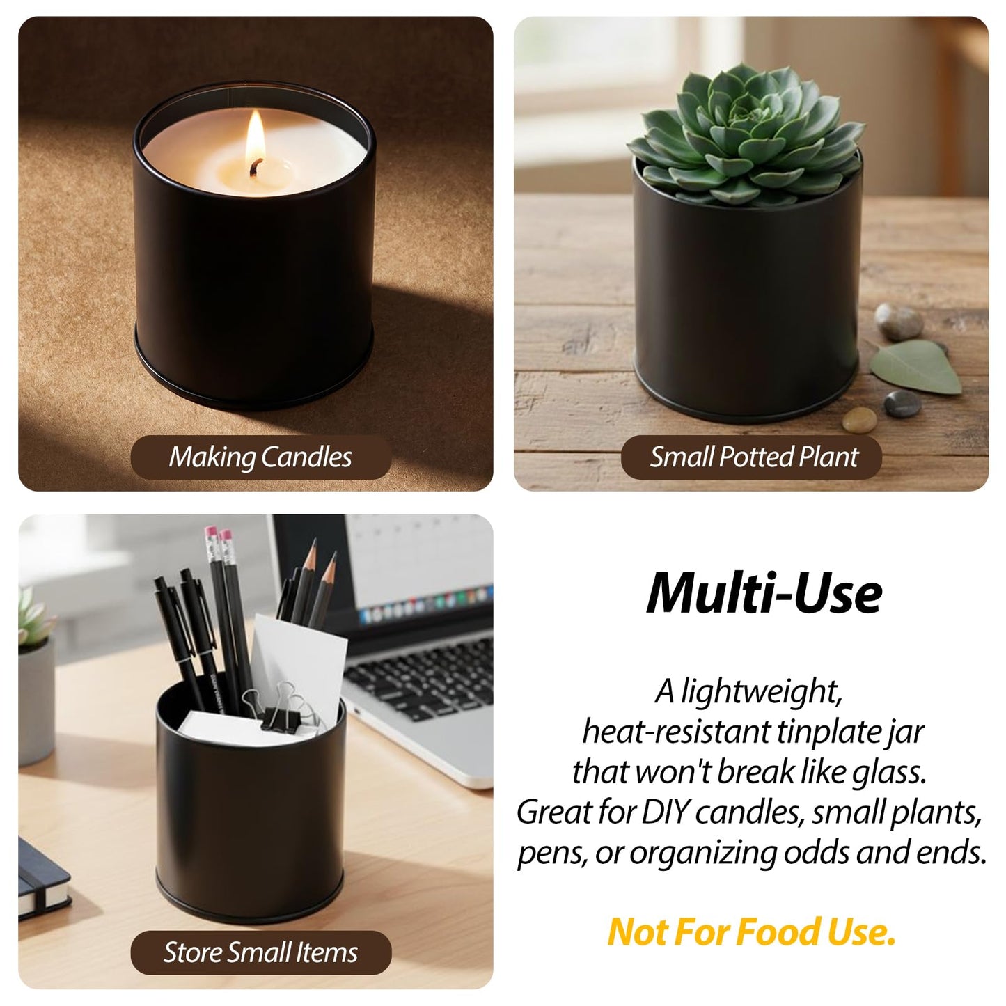 Nexuraze Empty Candle Tins for Making Candles with Lids, Tinplate Material, Warning Label Printed on Can Bottom (Black)