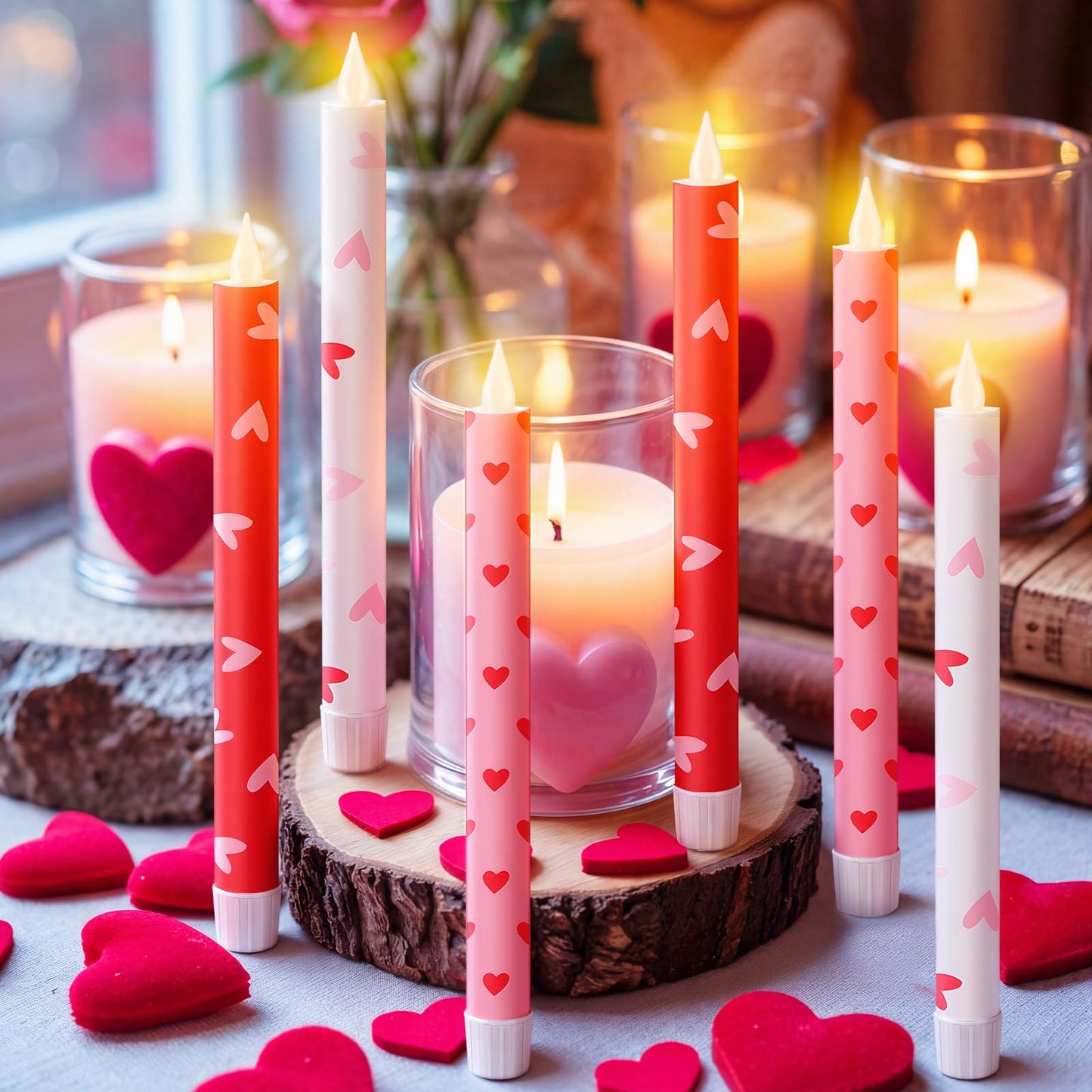Lyrow 6 Pcs Valentine'day Flameless Taper Candles with Red Heart 11 Inch Real Wax LED Candles Flickering Battery Operated Candlesticks for Valentines Gifts Proposal Wedding Anniversary Romantic Night