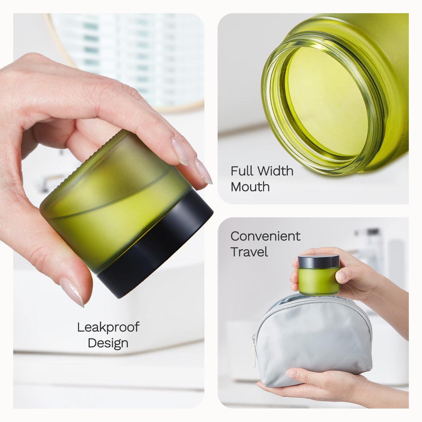 2 oz Small Glass Jars with Lids, Bumobum 48 pack Round Green Glass Candle Jars with Black Lids, White Labels & Inner Liners, Empty Cosmetic Containers for Cream, Lotion, Slime, Ointment