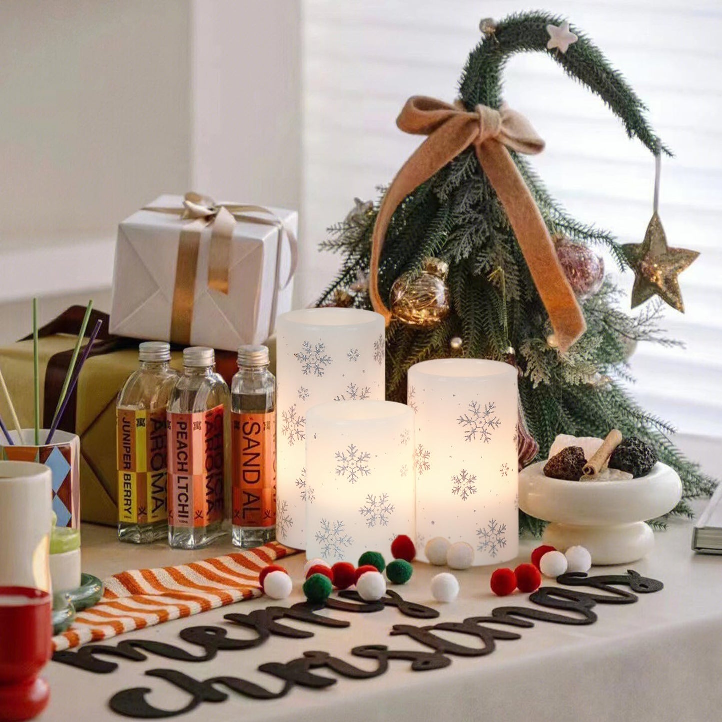 Lasumora Snowflake Christmas Candles with 6H Timer, Battery Operated Candles, Real Wax Flameless LED Candle Pillar for Home Décor Christmas Decorations Gifts, 3x4/5/6 inches