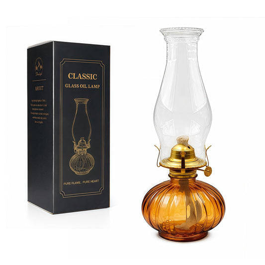 13" Large Glass Kerosene Oil Lamp, Vintage Hurricane Lantern with Thickened Glass Base, Chamber Oil Lamp for Indoor Use, Rustic Tabletop Lantern for Home Decor, Emergency Lighting(Amber)