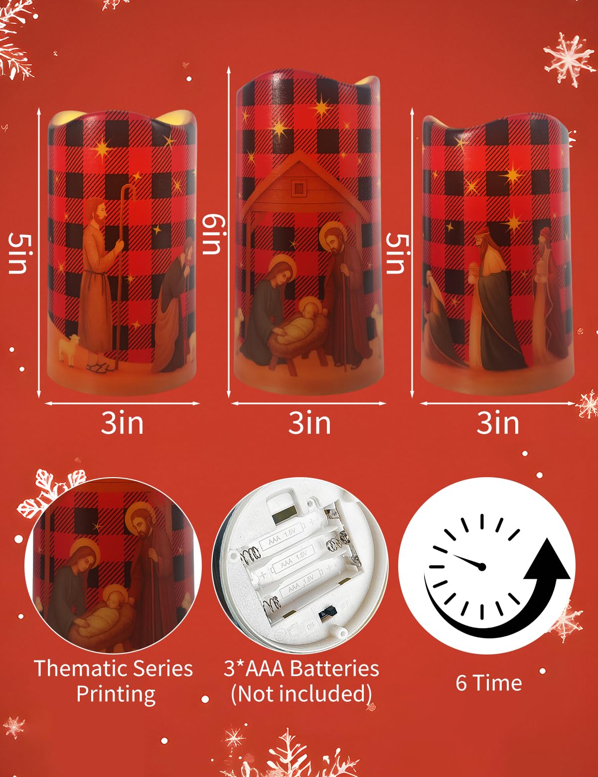 Glflickerow 3Pcs Christmas Red and Black Nativity Scene Flameless Candles LED Pillar Jesus Religion Candle Battery Operated with Timer for Xmas Christian Holiday Table Home Decor Church Party