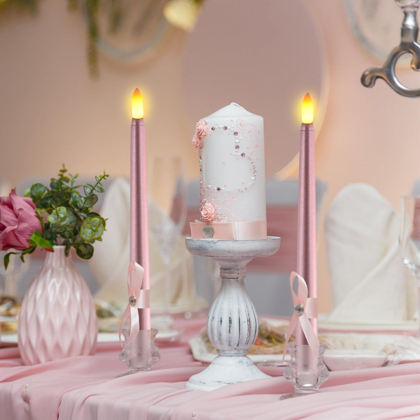 Macarrie 24 Packs Flameless Taper Candles Battery Operated Fake 11 Inch Long Candlelight LED Flameless Candlesticks Flickering Tapered for Spring Summer Wedding(Rose Gold)