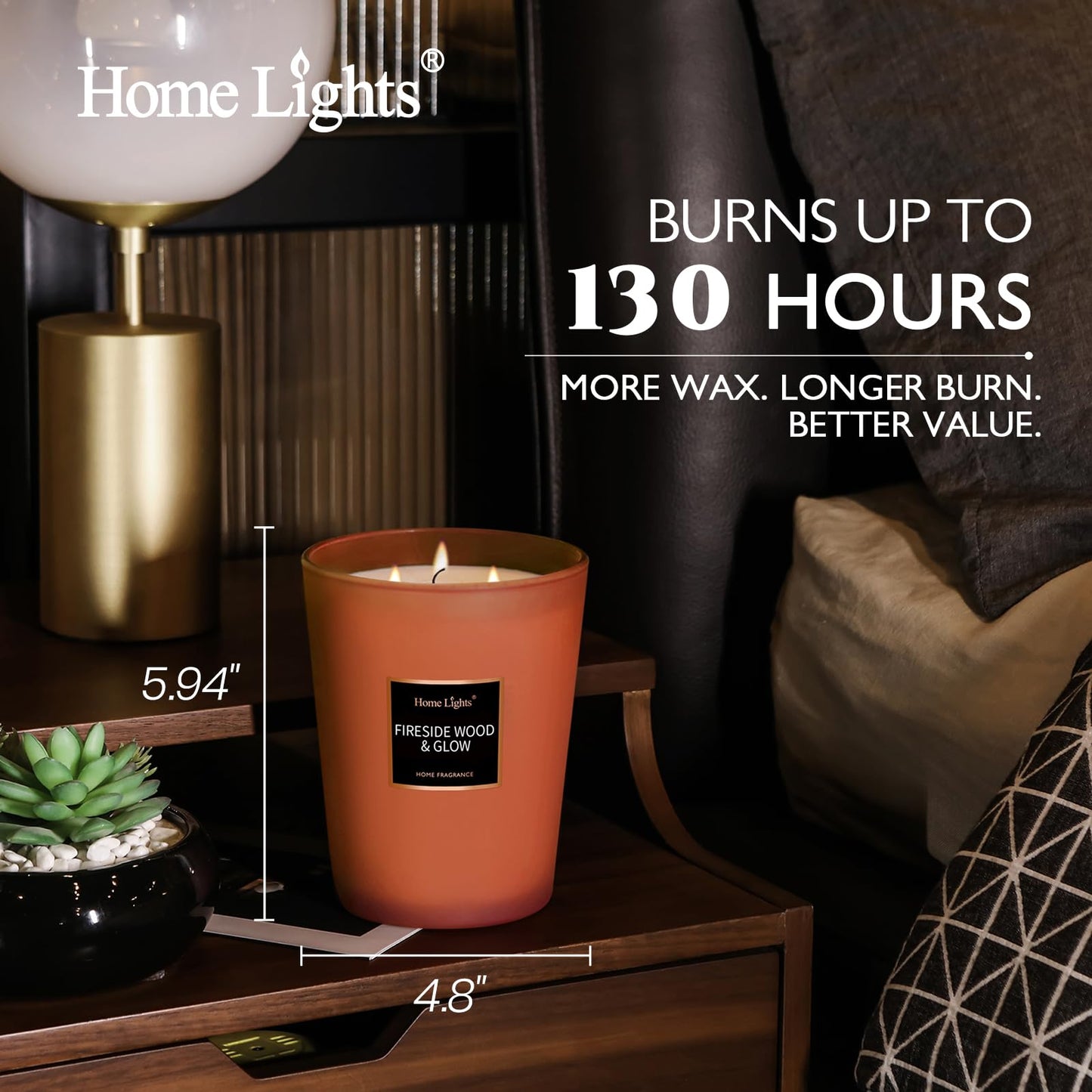 HomeLights Scented Candles - Large Jar Aromatherapy, Natural Soy Wax, 130 Hour Long Burning, Fireside Wood & Glow