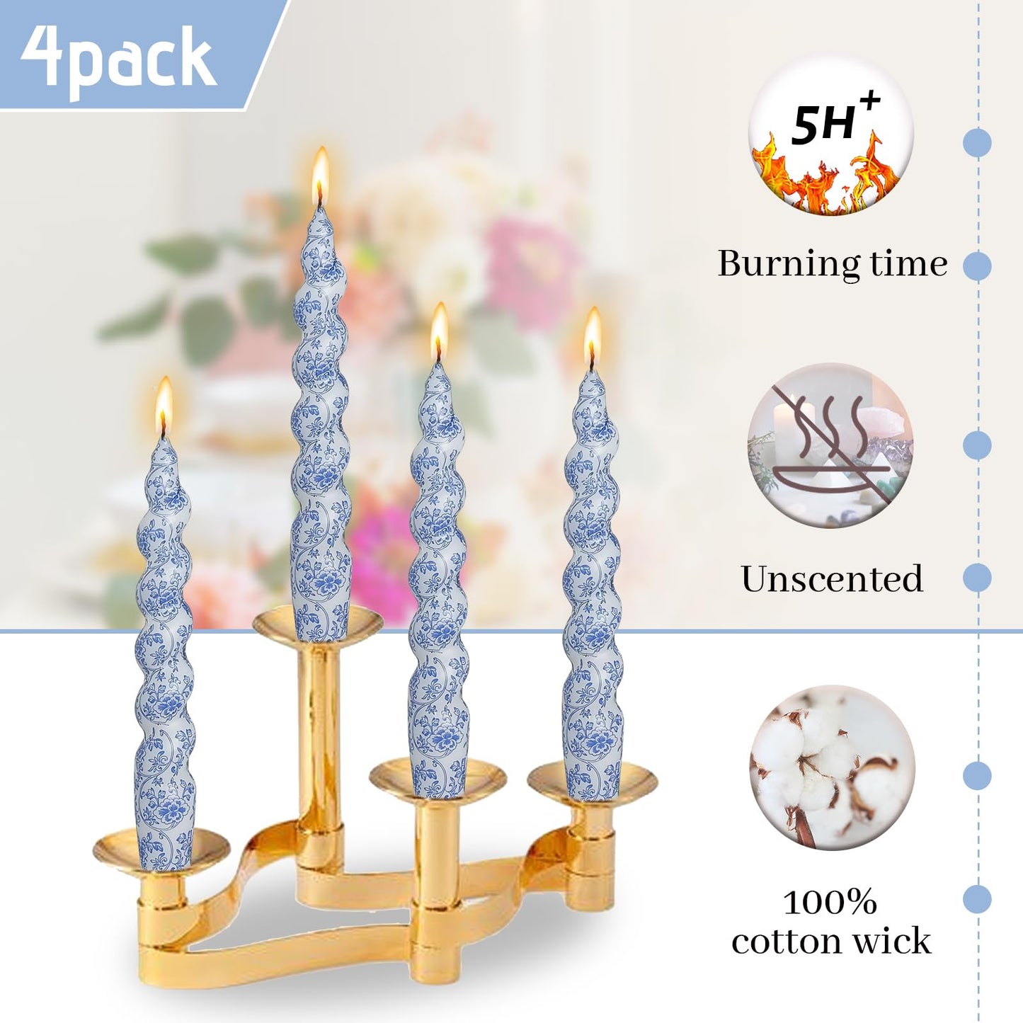 Spiral Taper Candles, 7.5 Inch Blue Floral Printed Twisted Candlesticks, Smokeless Handmade Short Candles for Wedding Dinner Home Party Decor, 4 Pack