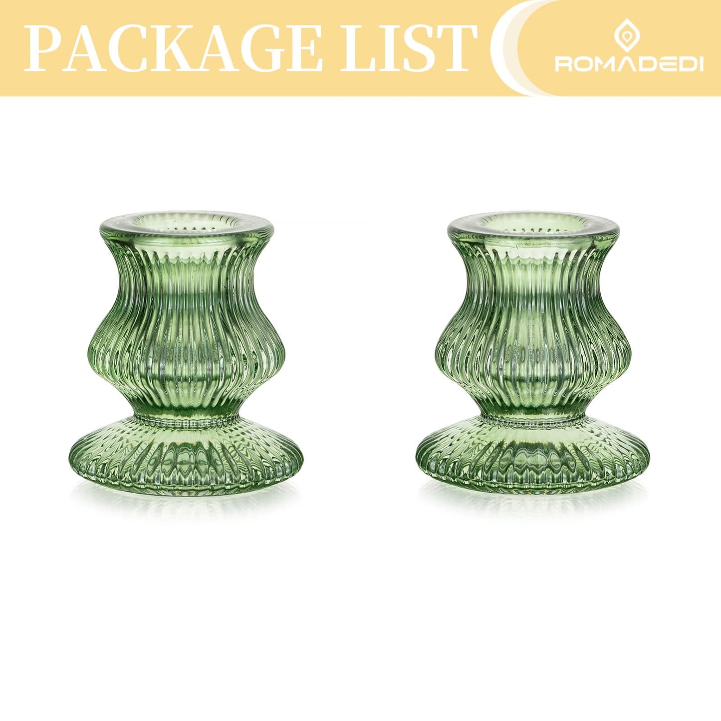 Romadedi Glass Candle Holders for Candlestick - 2 Pcs Green Ribbed Tapered Candle Holder Decor for Table Centerpiece Christmas Party Living Room Dinner Advent