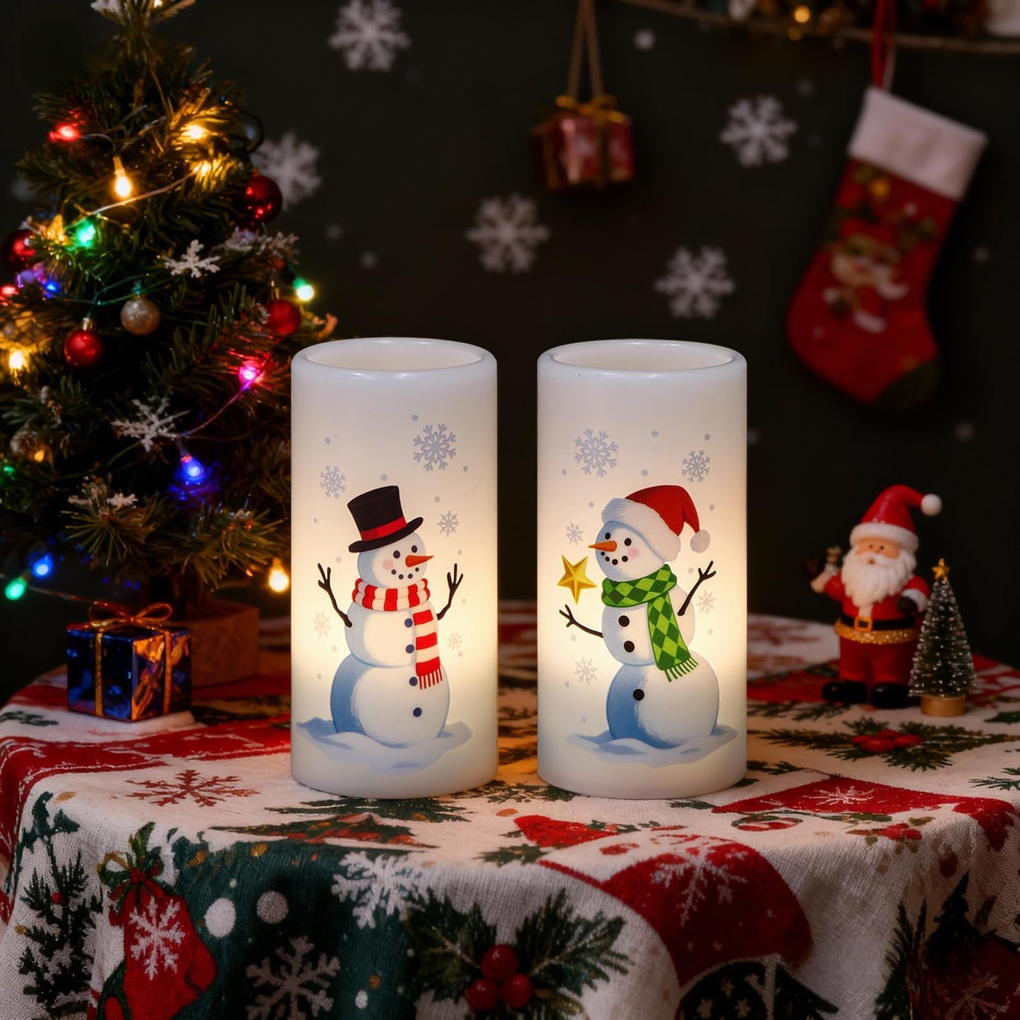 Eldnacele Christmas Snowman Flameless Candles Battery Operated with Remote and Timer Real Wax Flickering LED Pillar Candles Xmas Holiday Indoor Decor(2 Pack, 3" D x 6" H)