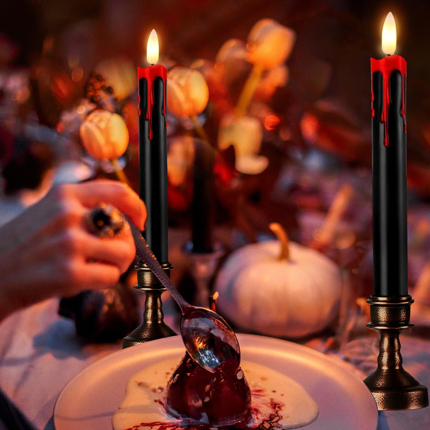 Sratte 12 Sets Halloween Blood Dripping Candle Holder Decoration LED Flameless Candlestick with Remote Battery Operate Vampire Tears Spooky Scary Creepy Decor for Indoor Home (Brown Holder)