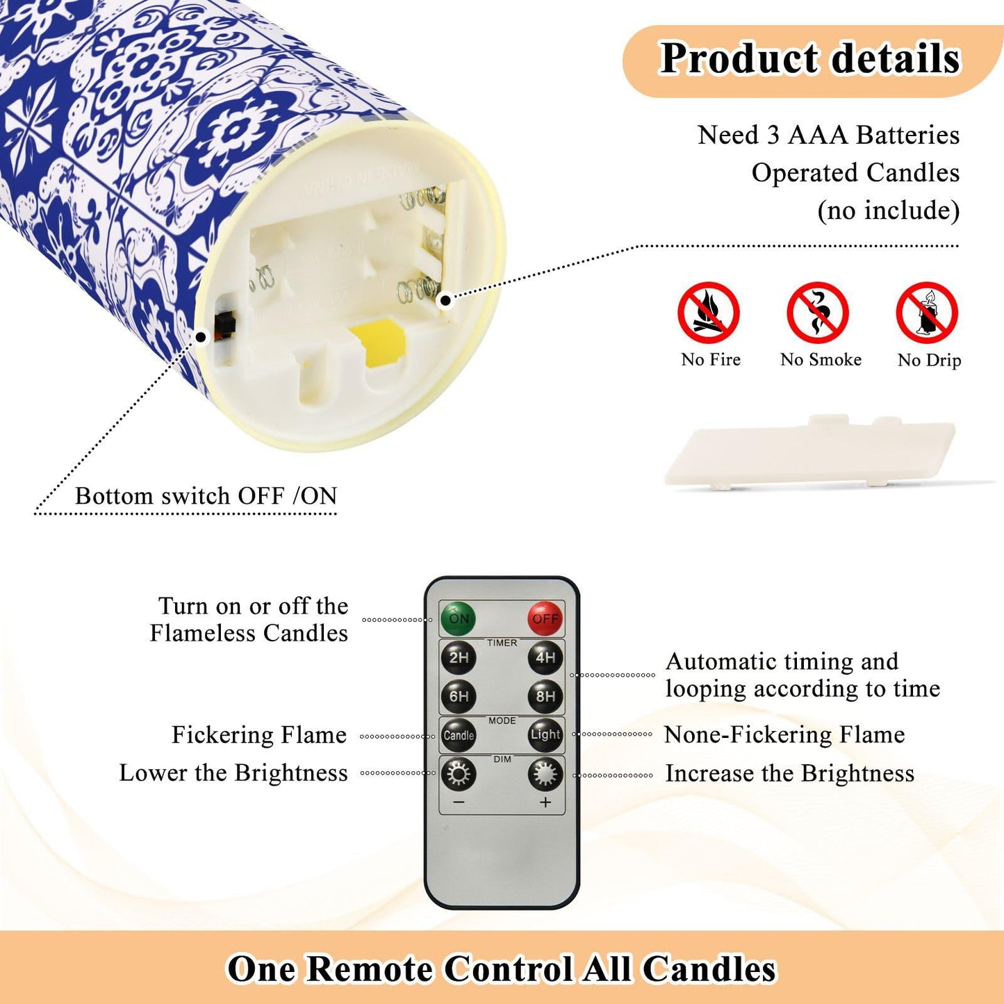 Gravopti Spanish Tiles 2 Pack Flameless LED Pillar Candles with Remote & Timer, Battery Operated, Flickering Wax Candle for Wedding, Romantic Home & Party Decor