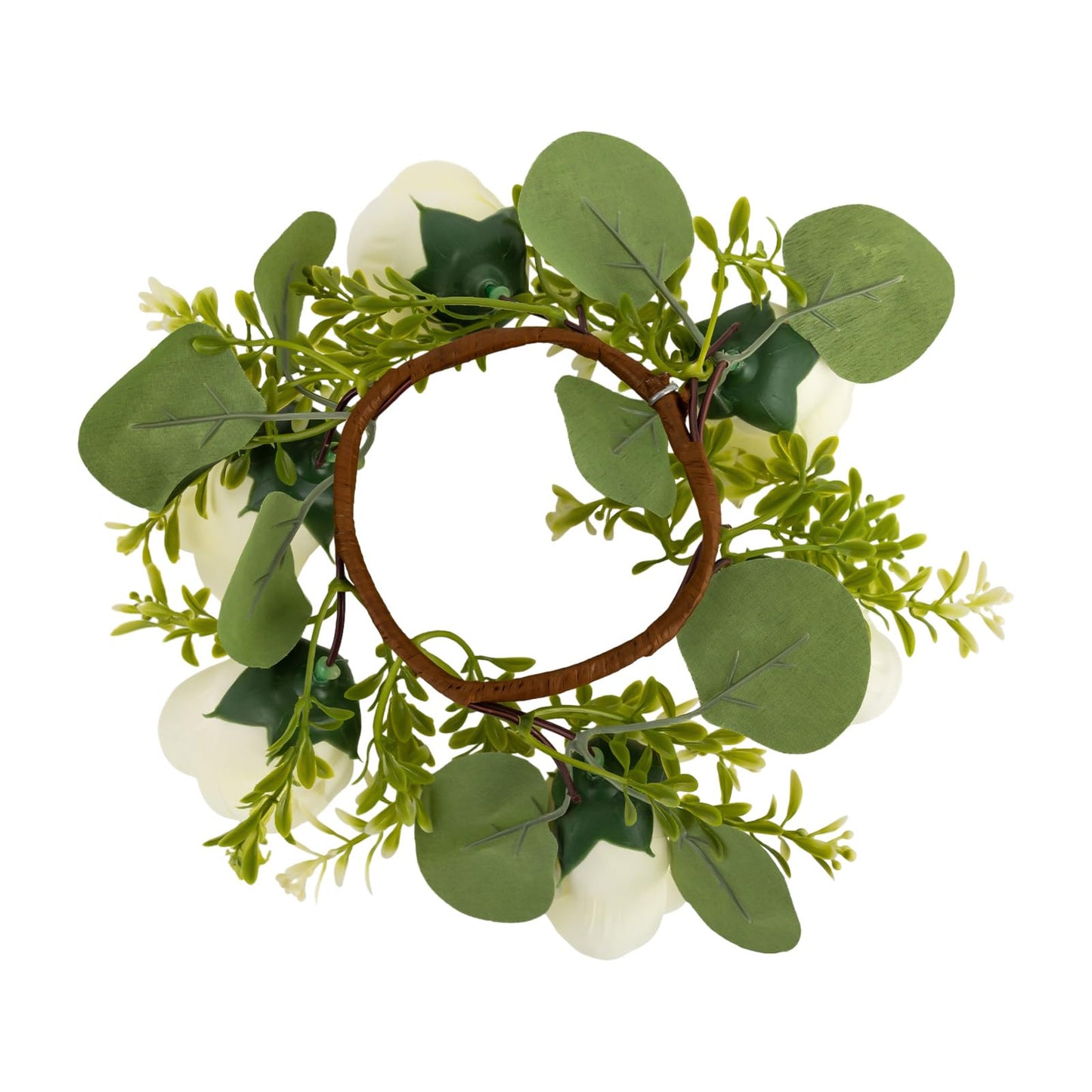 Candle Rings Wreath Centerpieces 10Pcs Cream Rose Candle Floral Wreaths 8.27In Artificial Flowers Rings Wedding Party Decor (Cream, Green)