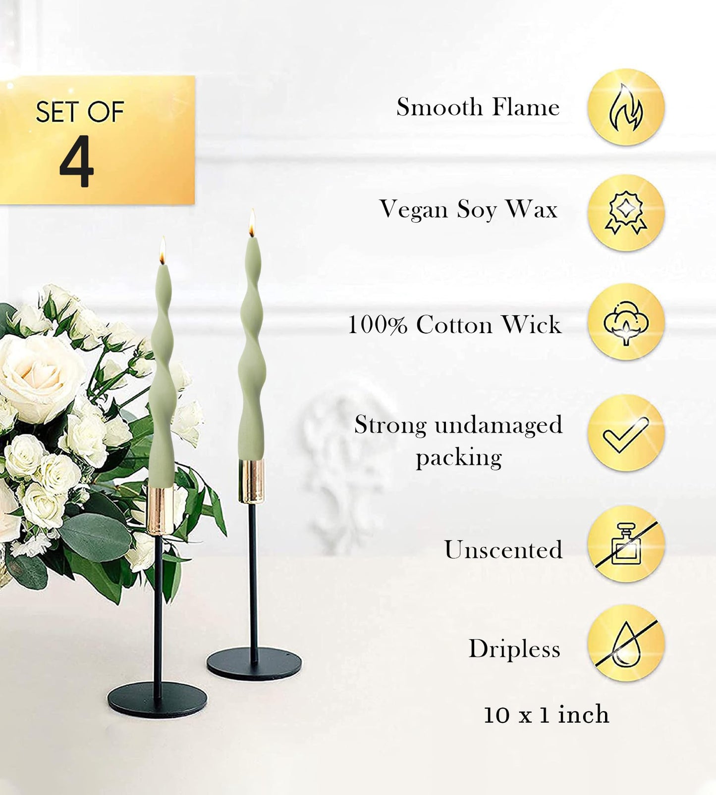 10 Inch Olive Spiral Taper Candles Dripless Twisted Taper Candle Handmade from Vegan Soy Wax for Holiday Wedding Party Home Dinner Decoration Party and Any Occasion,Set of 4(Olive Green-F)