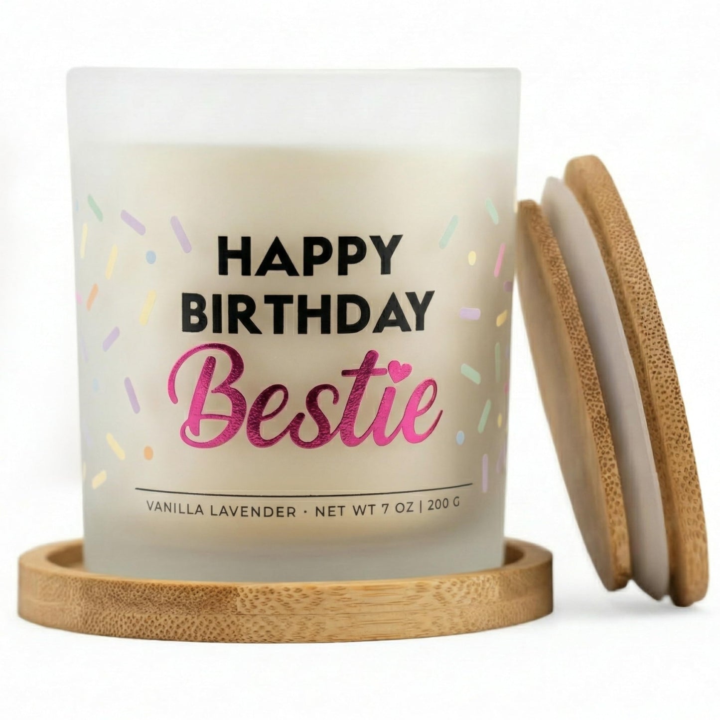 Bestie Birthday Gifts for Women - Happy Birthday Bestie Gifts for Women with Sprinkles Friendship Soy Candle Gift Set for BFF Sister Coworker Vanilla Lavender Candle Ready to Gift Box by Wick and Wit