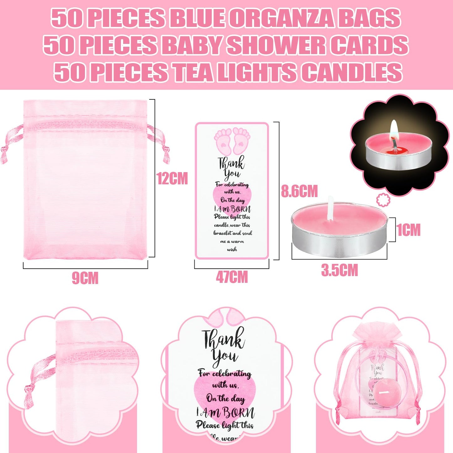 MTLEE 50 Sets Baby Shower Favors Tea Light Candles for Guests Cute Baby Shower Decorations with 50 Cards and 50 Organza Bags and 50 Silicone Bracelets for Boys Girls Gender Reveal (Pink,Cute)